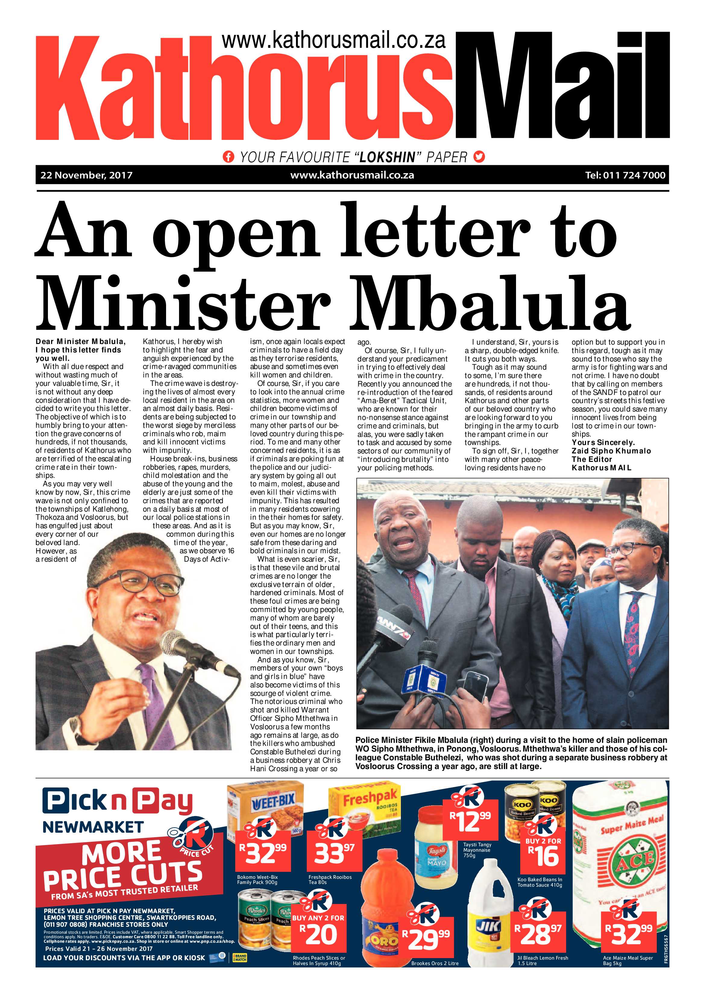 Kathorus Mail 22 November 2017 page 1
